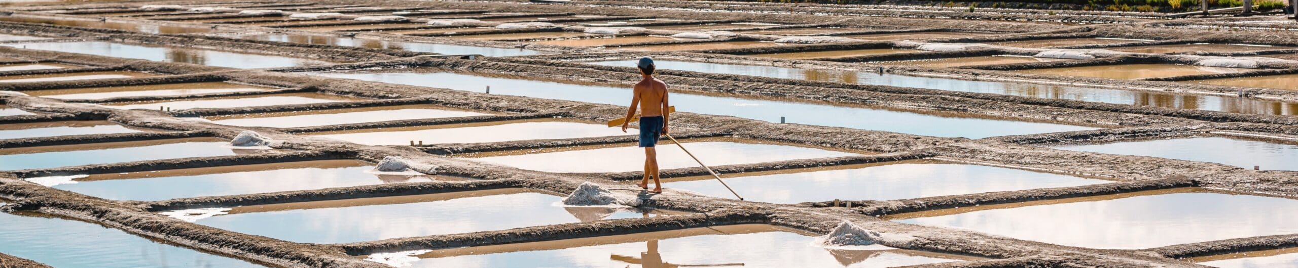 Travailleur récoltant du sel dans un marais salant.
